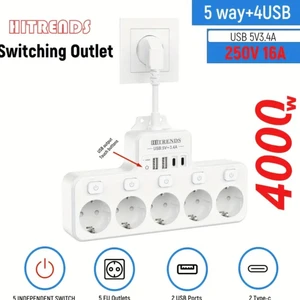 Power Strip 9’u Bir Arada Beşli Priz Bağımsız Anahtar 5 Soket ve 2 USB 2 Type C, Max 4000 Watt , Dokuzu Bir Arada Priz,çoklu Priz