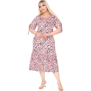 Butik Inci Pembesi Çiçek Desen Kolları Bağlamalı Kısa Kollu Elbise