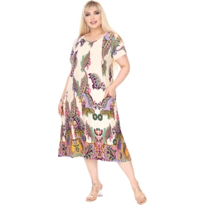 Butik Krem Şal Desen Kuplu Cepli Kısa Kol Kadın Midi Elbise