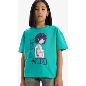 Kız Çocuk Oversize Geniş Kalıp Bisiklet Yaka Baskılı Kısa Kollu Tişört