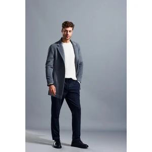 Gri Slim Fit Ceket Yaka Yünlü Kaşe Palto