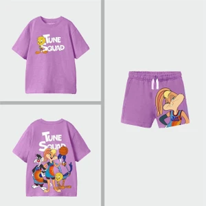 The Littles Kids Kız Çocuk Looney Tunes Baskılı Pamuklu Kumaş Mor Şortlu Beli Bağcıklı Lastikli Alt Üst Ikili Takım