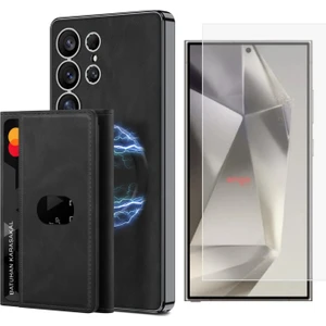 Galaxy S25 Ultra Kılıf Magsafe Şarj Özellikli Suni Deri Tasarımlı Zore Kıpta Ayrılabilen Kartlıklı Kapak + Nano Ekran Koruyucu