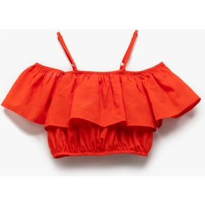 Pamuklu Düşük Omuz Ince Askılı Katlı Fırfırlı Crop Bluz