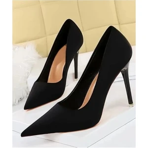 Trendy Anka Kadın Siyah Süet 8cm Ince Şeffaf Kapak Topuklu Stiletto Ayakkabı