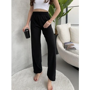 Kadın Siyah Yüksek Bel Fitilli Bol Paça Günlük Ince Eşofman Altı Pijama