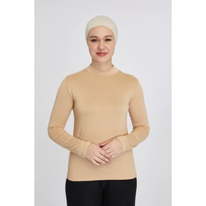 Manolyaşal Hafif Uzun Kollu Balıkçı Yakalı Organik Kadın Body - Koyu Bej - L-XL