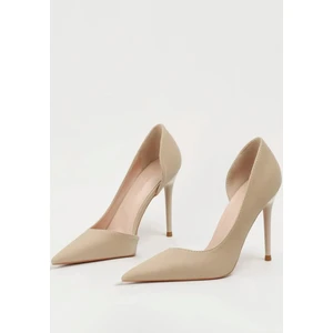 Trendy Anka Kadın Nude Ten Süet Asimetrik 9cm Ince Topuklu Yanı Yırtmaçlı Stiletto Klasik Topuklu Ayakkabı