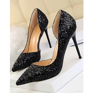 Trendy Anka Lady Siyah Kristal Taşlı Cam Kırığı 8 cm Ince Topuklu Düğün Nişan Gece Abiye Ayakkabı