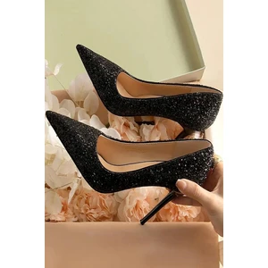 Trendy Anka Lady Siyah Kristal Taşlı Cam Kırığı 8 cm Ince Topuklu Düğün Nişan Gece Abiye Ayakkabı