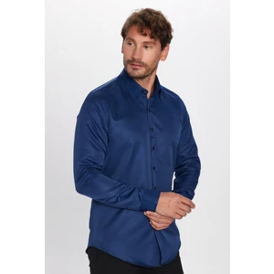 Slim Fit Uzun Kollu Kolay Ütü Teri Emen Nefes Alan Doku Kravatlık Dört Mevsim Lacivert Erkek Gömlek