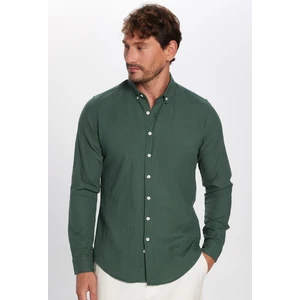 Erkek Slim Fit Dar Kesim Uzun Kollu %100 Pamuk Keten Doku Düğmeli Yaka Haki Gömlek