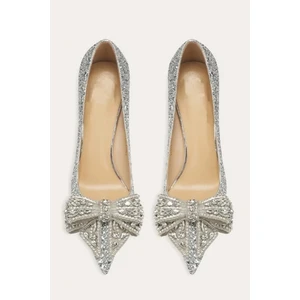 Trendy Anka Lady Princess Gümüş Nude Şeffaf Kristal Fiyonk Taşlı Stiletto 9cm Topuklu Düğün Nişan Abiye Ayakkabı
