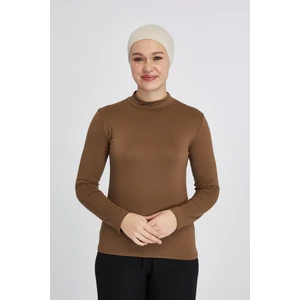 Manolyaşal Hafif Uzun Kollu Balıkçı Yakalı Organik Kadın Body - Açık Çikolata - L-XL