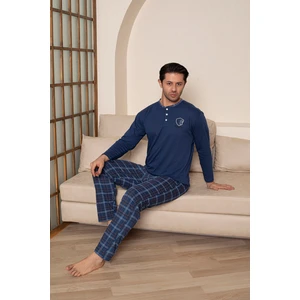 Erkek Penye Indigo Uzun Kollu Altı Ekoseli Pijama Takımı