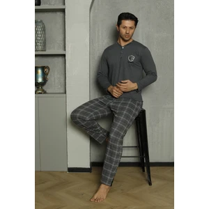 Erkek Penye Füme Uzun Kollu Altı Ekoseli Pijama Takımı