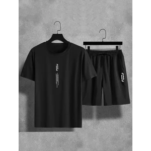 Yoho Sport Siyah Göğüs Dikey Baskılı Alt Üst Şort T-Shirt Takım Pamuklu
