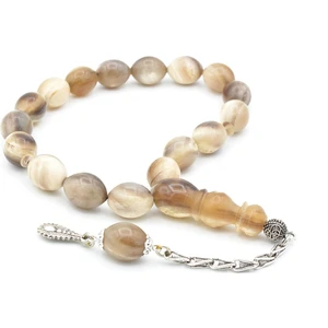 Gümüş Kaplama Kamçılı Beyzi Kesim Bej Bufalo Boynuzu Efe Maskot Tesbih