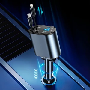 66W Dahili Çekilebilir Kablolu Type-C + Lightning Hızlı Araç Çakmaklık Şarj Aleti