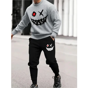 Eşofman Takımı Gülen Yüz Baskılı Unisex Kışlık Kalın Pamuklu Sweatshirt ve Eşofman Altı 2' Li Set