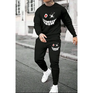 Eşofman Takımı Gülen Yüz Baskılı Unisex Kışlık Kalın Pamuklu Sweatshirt ve Eşofman Altı 2' Li Set