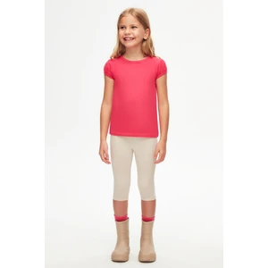 Fuşya Basic Kız Çocuk Sıfır Yaka Karpuz Kol Tişört