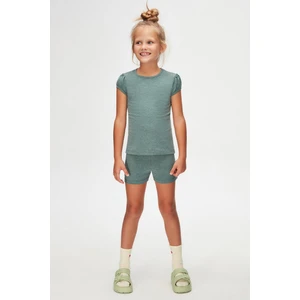 Koyu Yeşil Melanj Basic Kız Çocuk Sıfır Yaka Karpuz Kol Tişört