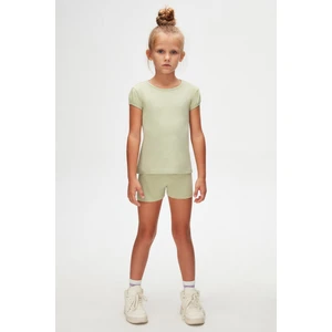 Açık Çağla Yeşil Basic Kız Çocuk Sıfır Yaka Karpuz Kol Tişört