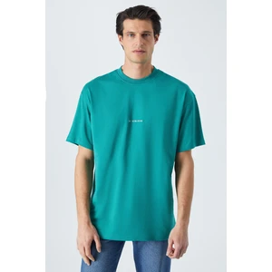Rıver Erkek Oversize Fit Bol Kesim Nakış Işlemeli Basic Örme Kolej Yeşili T-Shirt
