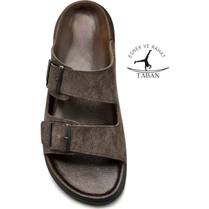 Çift Toka Ayarlanabilir Genişlik Esnek Rahat Deri Erkek Terlik 25103 Kahve