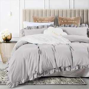 Maki Home  Pamuklu Fırfırlı Gri 240 x 220+2*(50 x 70) Battal Boy Nevresim ve Yastık Kılıfı Seti