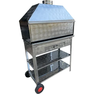 Paslanmaz Kömürlü Mangal 40 x 80  cm Bacalı Barbekü Çekmeceli Tekerlekli