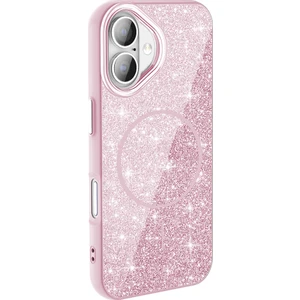 Apple iPhone 16 Plus Kılıf Magsafe Şarj Özellikli Parlayan Simli Okso Kapak - Pembe