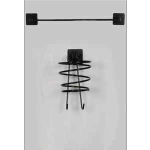 Yapışkanlı Siyah Fön Makinesi Askısı ve Yapışkanlı Uzun Havlu Askılık Havluluk Pratik 2'li Set Asklk