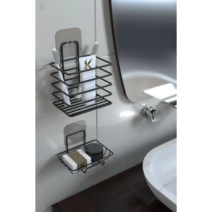 Siyah Paslanmaz Metal Banyo Duvar Organizeri - Yapışkanlı Diş Fırçalık ve Sabunluk Seti