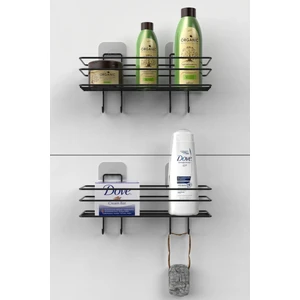 Siyah Yapışkanlı Metal Kancalı Raf ve Sabunluk Seti Banyo ve Mutfak Rafı