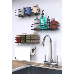 Siyah Yapışkanlı 2 Adet Mutfak ve Banyo Rafı ve Rulo Havlulu Baharatlık Rafı 3'lü Set