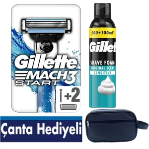 Mach3 Start Makine +2 Adet Tıraş Bıçağı + Gillette 250 ml Köpük + Seyahat Çantası