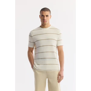 Erkek Regular Fit Bej Bisiklet Yaka Çizgili Pamuklu T-Shirt A51Y1148