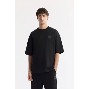 Erkek Oversize Fit Siyah Bisiklet Yaka Baskılı Bi-Stretch 2 İplik T-Shirt A51Y1082