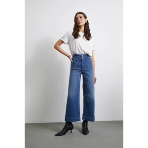 Cep ve Düğme Detaylı Wide Leg Jean Mavi