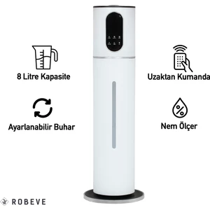 Robeve Rbh-05 Hava Nemlendirici Buhar Makinesi 8 Litre Hava Nemlendirici Buhar Makinesi Aroma Difüzörü Otomatik Oda Nemlendirici Nem Ölçerli Nem Ayarlı Uzaktan Kumandalı Hava Nemlendirici Buhar