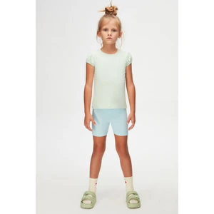 Soft Yeşil Basic Kız Çocuk Sıfır Yaka Karpuz Kol Tişört