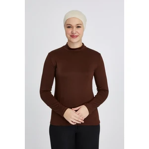 Manolyaşal Hafif Uzun Kollu Balıkçı Yakalı Organik Kadın Body - Çikolata - L-XL