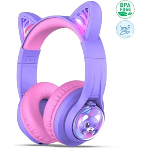 iClever Kedi Kulaklı LED Işıklı Güvenli Ses Sınırlı 45 Saat Oynatma Süreli Bluetooth Çocuk Kulaklığı Mor