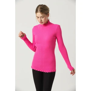 Kadın Fuşya Kol ve Yaka Ucu Dantel Fırfır Detay Yarım Balıkçı Triko Kazak