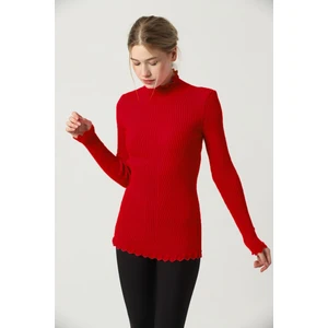 Kadın Kırmızı Kol ve Yaka Ucu Dantel Fırfır Detay Yarım Balıkçı Triko Kazak