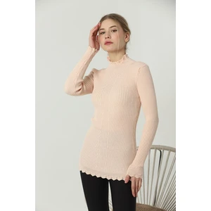 Kadın Pudra Kol ve Yaka Ucu Dantel Fırfır Detay Yarım Balıkçı Triko Kazak