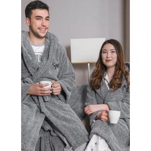 Uzun Kapüşonlu Welsoft Gri Peluş Sabahlık Aile Seti