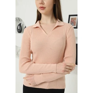 Kadın Pudra Polo V Yaka Triko Kazak